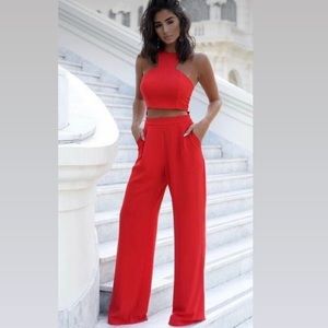 Red jumpsuit with zipper on back